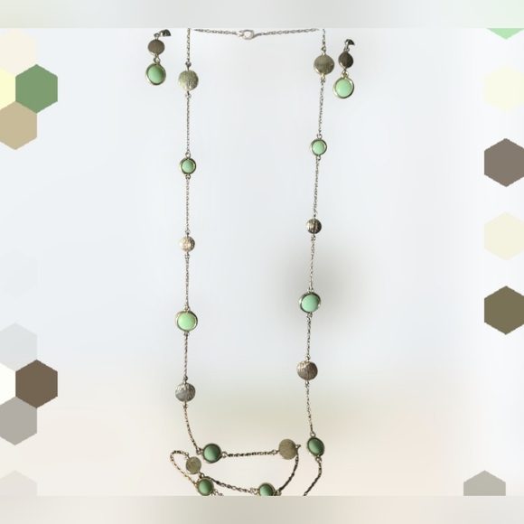 Long Mint Green Station Necklace Set with Gold Discs - Picture 2 of 2